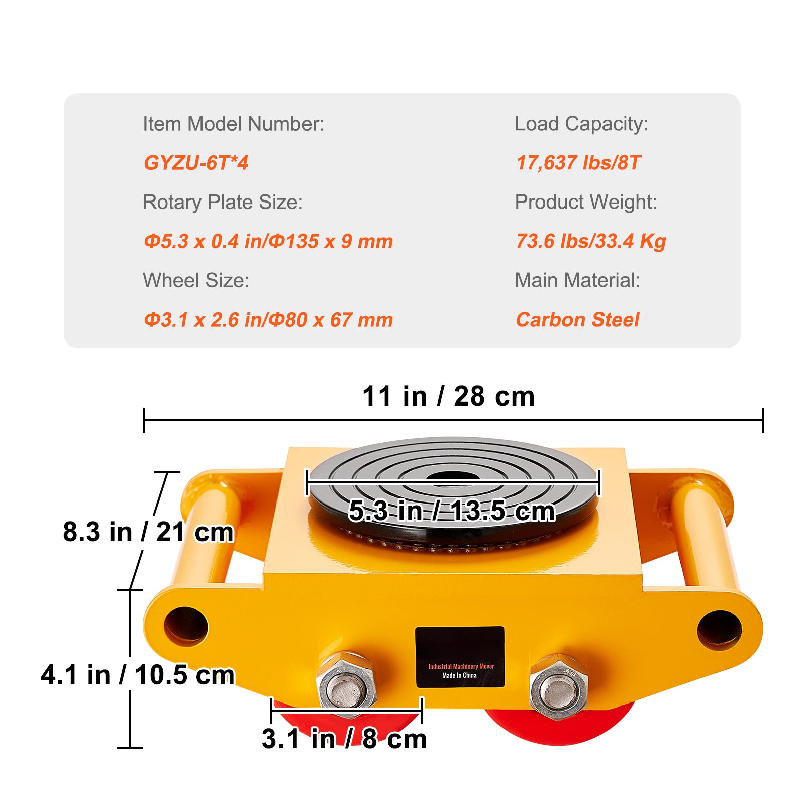 4PCS Machinery Skate Dolly, 17637 LBS/8T Industrial Machinery Mover, Heavy Duty Carbon Steel Machinery Moving Skate with 4 PU Wheels and 360° Rotation Non-Slip Cap for Warehouse, Workshop, Facto
