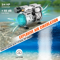 Aerator, 550W Power 5.2CFM for Up to 3 Acre 50' Includes 3/4 HP Compressor & Timer & Valves, Air Compressor for Deep Water Oxygen Circulation, for Pond, Lake, No Diffuser, Black