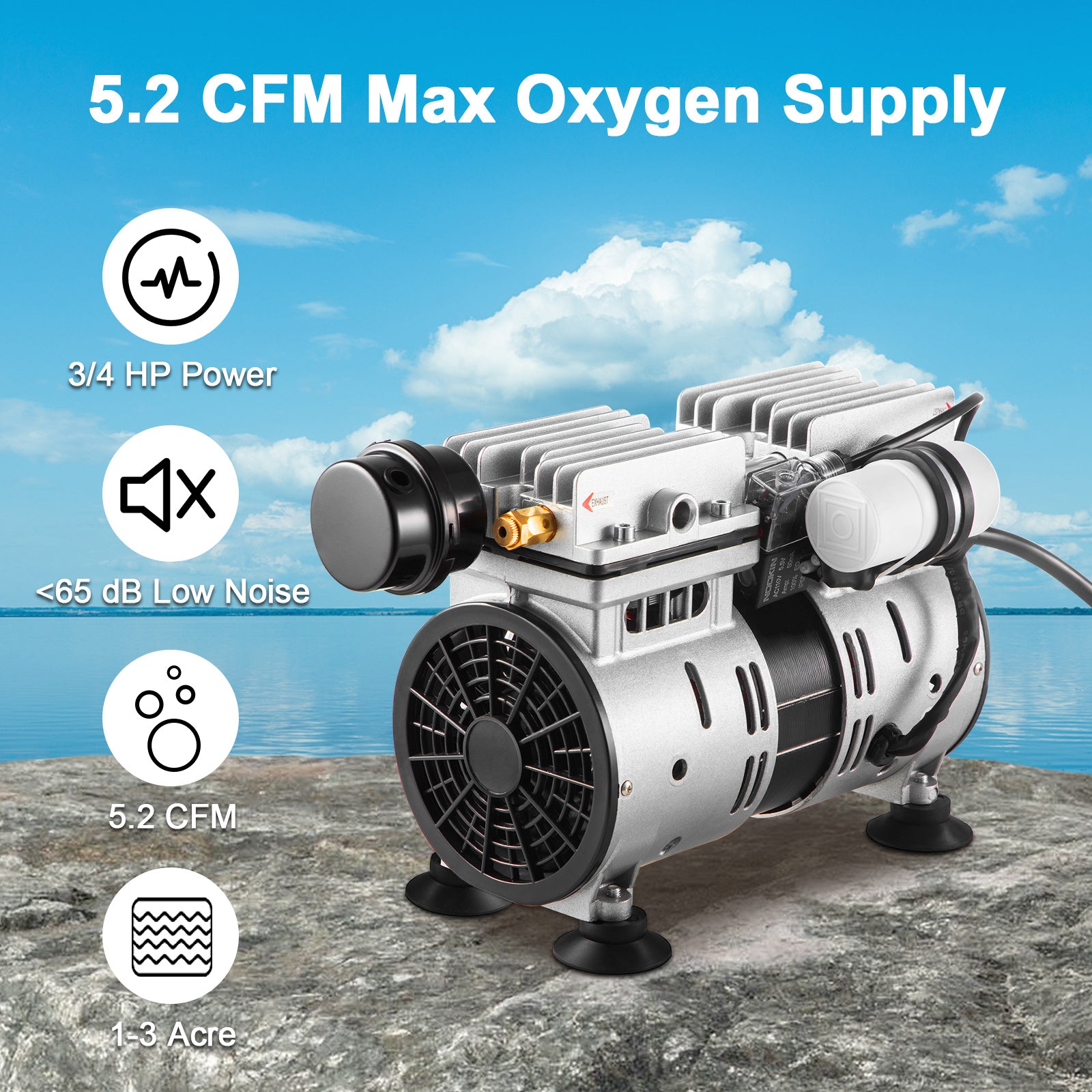 Aerator, 550W Power 5.2CFM for Up to 3 Acre 50' Includes 3/4 HP Compressor & Timer & Valves, Air Compressor for Deep Water Oxygen Circulation, for Pond, Lake, No Diffuser, Black