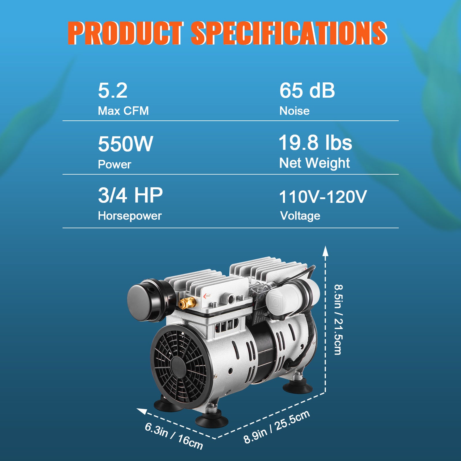 Aerator, 550W Power 5.2CFM for Up to 3 Acre 50' Includes 3/4 HP Compressor & Timer & Valves, Air Compressor for Deep Water Oxygen Circulation, for Pond, Lake, No Diffuser, Black