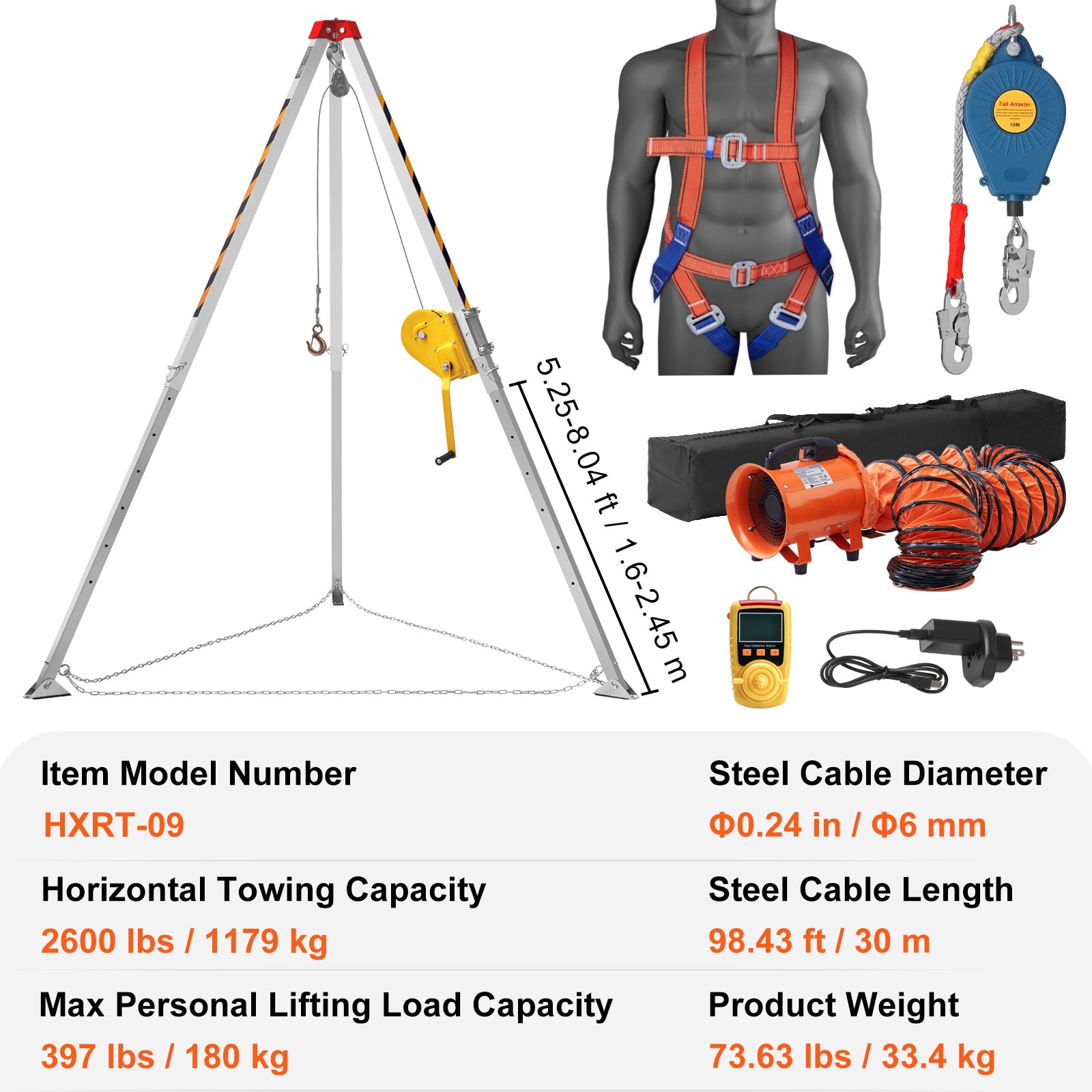 2600 lbs Winch Confined Space Tripod Kit, Confined Space Tripod 8' Legs and 98' Cable, Confined Space Rescue Tripod 33' Fall Protection with Blower, Gas detector, Harness.