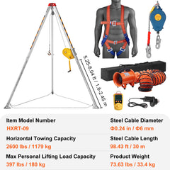 2600 lbs Winch Confined Space Tripod Kit, Confined Space Tripod 8' Legs and 98' Cable, Confined Space Rescue Tripod 33' Fall Protection with Blower, Gas detector, Harness.
