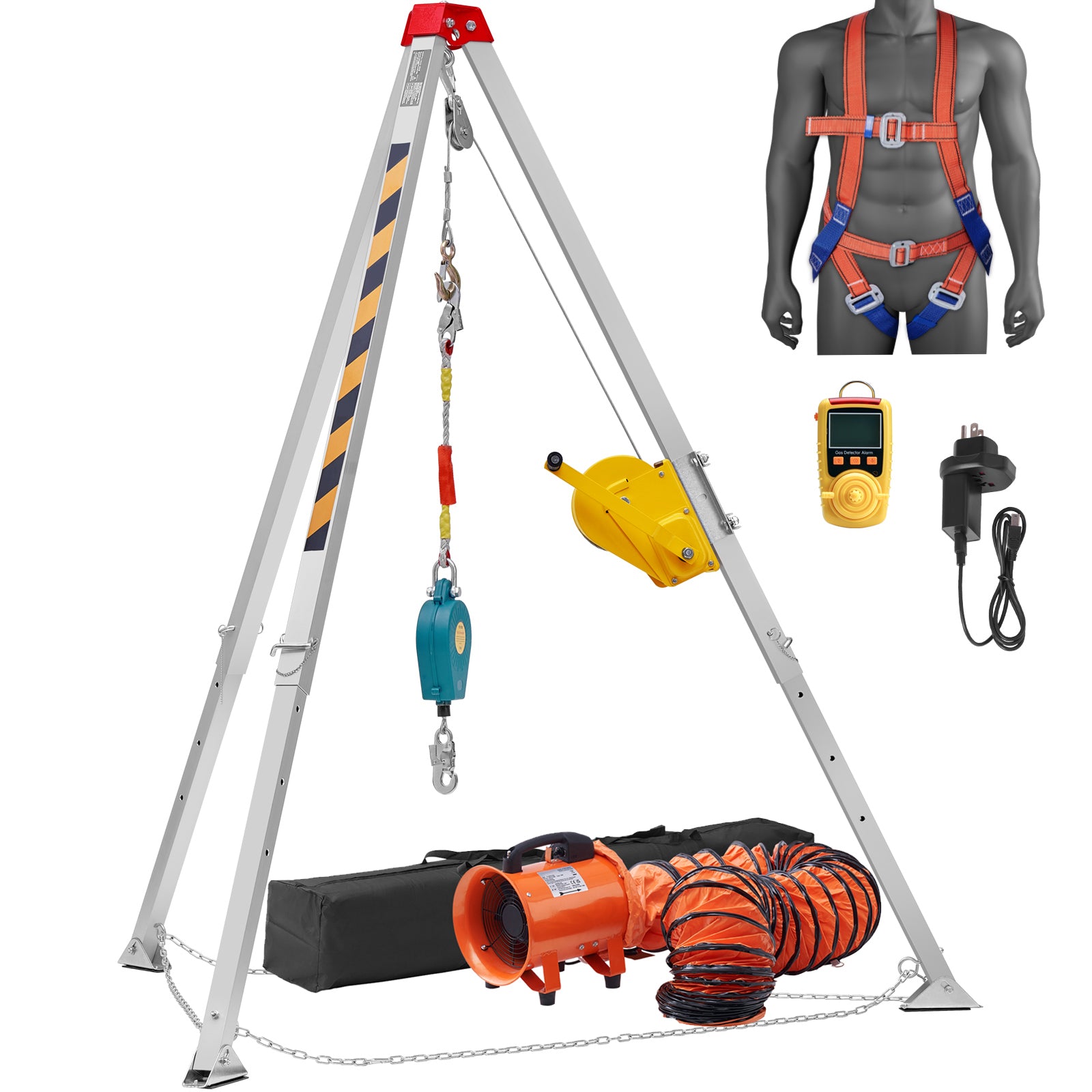2600 lbs Winch Confined Space Tripod Kit, Confined Space Tripod 8' Legs and 98' Cable, Confined Space Rescue Tripod 33' Fall Protection with Blower, Gas detector, Harness.