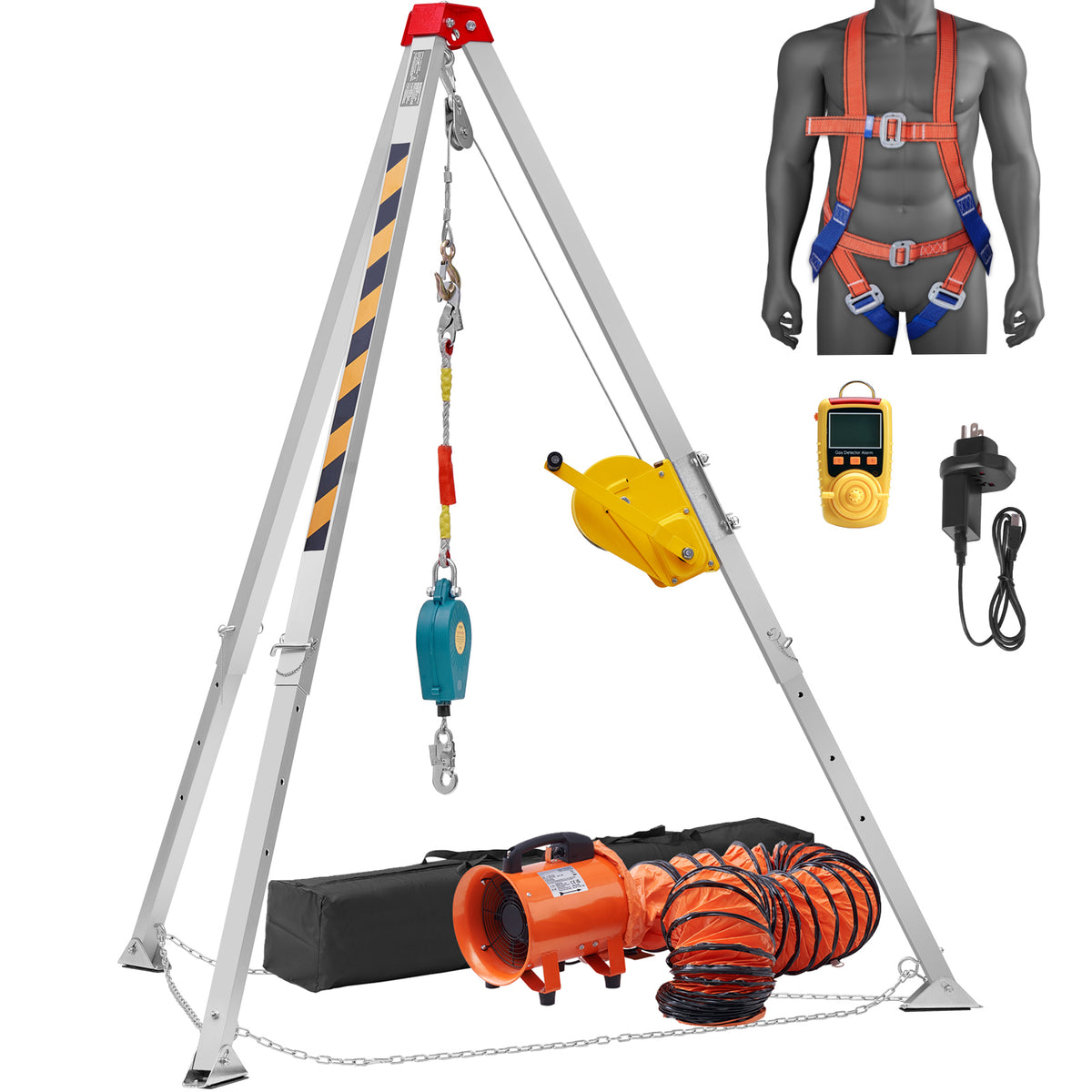 2600 lbs Winch Confined Space Tripod Kit, Confined Space Tripod 8' Legs and 98' Cable, Confined Space Rescue Tripod 33' Fall Protection with Blower, Gas detector, Harness.