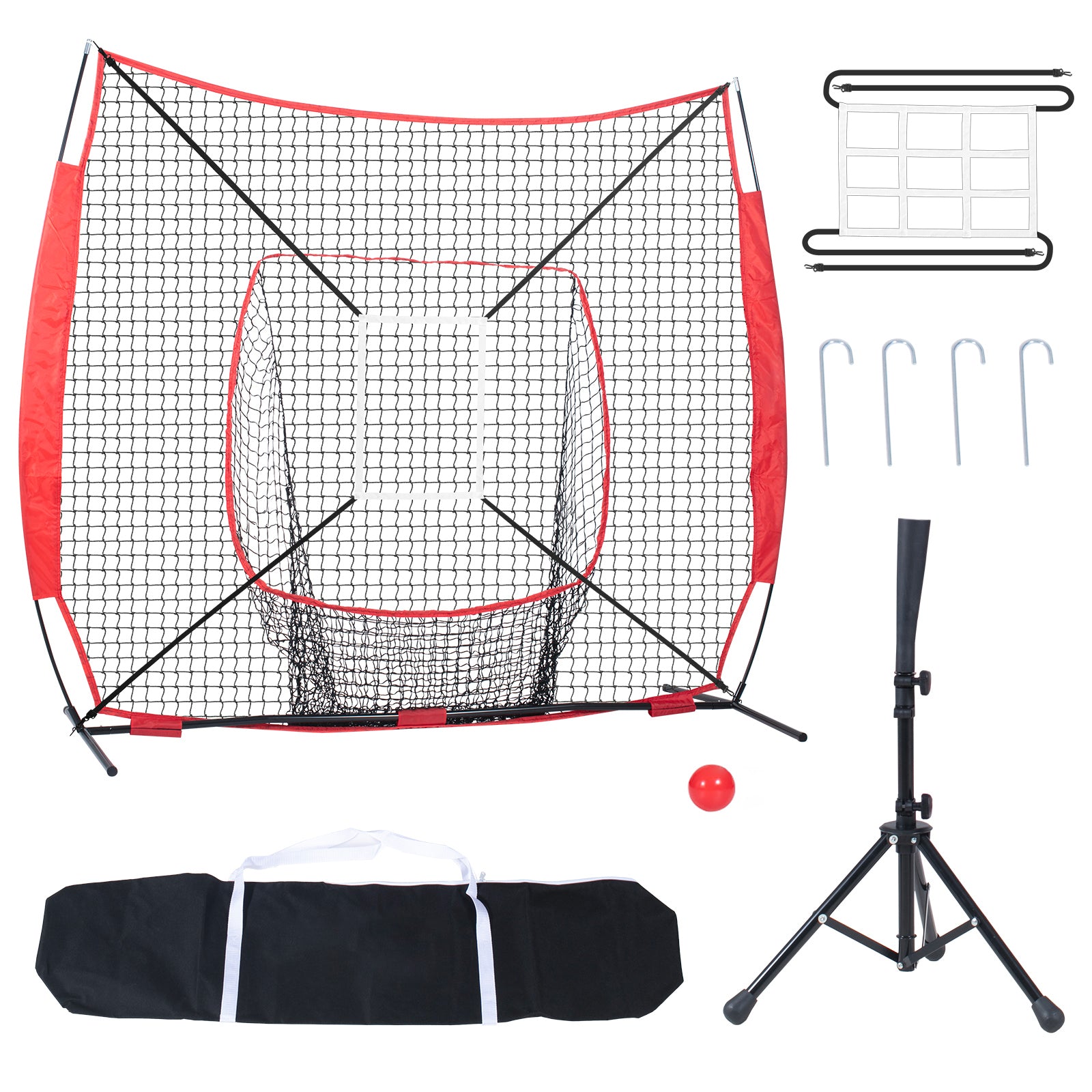 7x7 ft Baseball Softball Practice Net, Portable Baseball Training Net for Hitting Batting Catching Pitching, Backstop Baseball Equipment with Bow Frame, Carry Bag, Strike Zone, Ball, Batting Tee