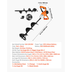 20V Electric Ice Auger, 8 inch Diameter, 2 in 1 Cordless Ice Fishing Augers and Earth Auger with Ices & Earth Drill Bit, Cold-Resistant Post Hole Digger, Turbo High-Speed Cutting System
