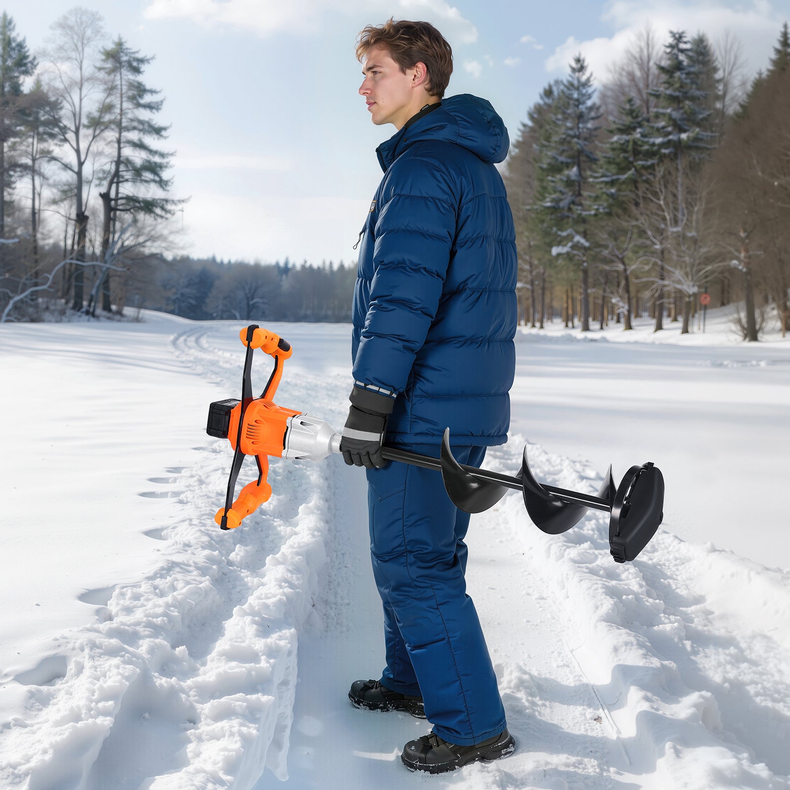 20V Electric Ice Auger, 8 inch Diameter, 2 in 1 Cordless Ice Fishing Augers and Earth Auger with Ices & Earth Drill Bit, Cold-Resistant Post Hole Digger, Turbo High-Speed Cutting System