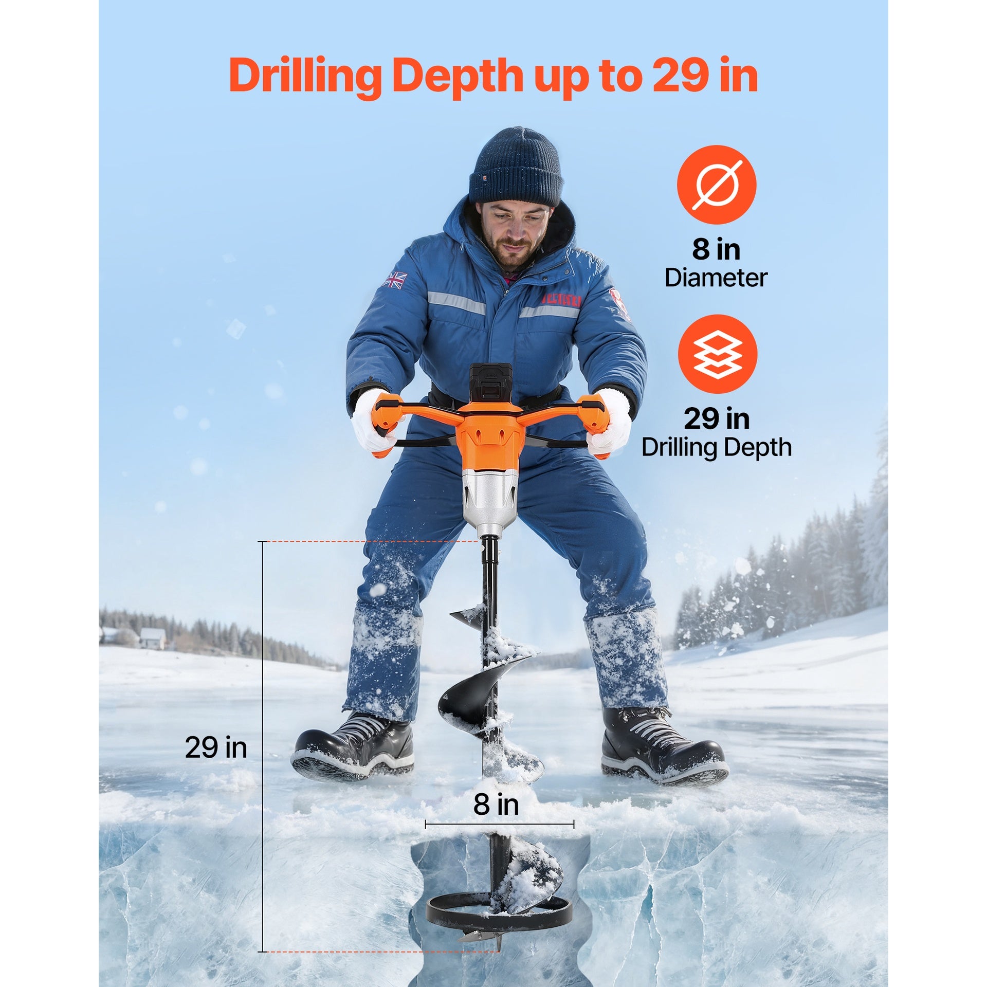 20V Electric Ice Auger, 8 inch Diameter, 2 in 1 Cordless Ice Fishing Augers and Earth Auger with Ices & Earth Drill Bit, Cold-Resistant Post Hole Digger, Turbo High-Speed Cutting System