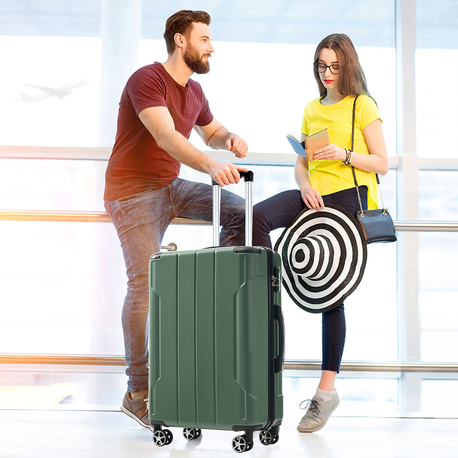 Luggage Sets 3 Piece, Hard shell ABS Lightweight Durable Suitcases with Double Spinner Wheels 20/24/28 Inch (Green)
