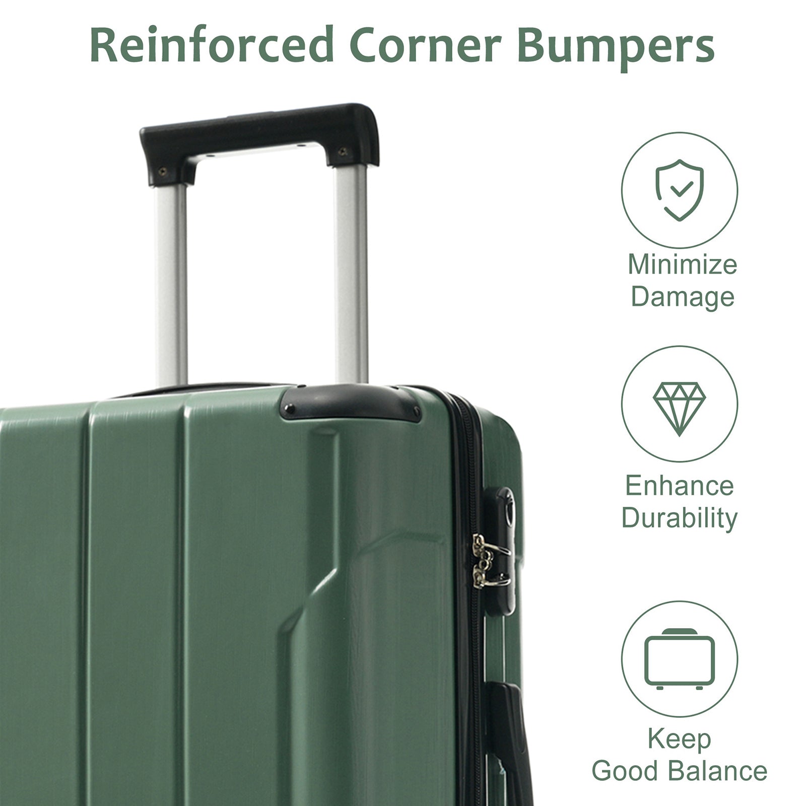 Luggage Sets 3 Piece, Hard shell ABS Lightweight Durable Suitcases with Double Spinner Wheels 20/24/28 Inch (Green)