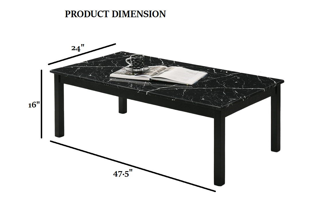 Contemporary Style 3pc Table Set 1x Coffee Table 2x End Table Faux Marble Top Wooden Legs Black Finish Primary Living Room