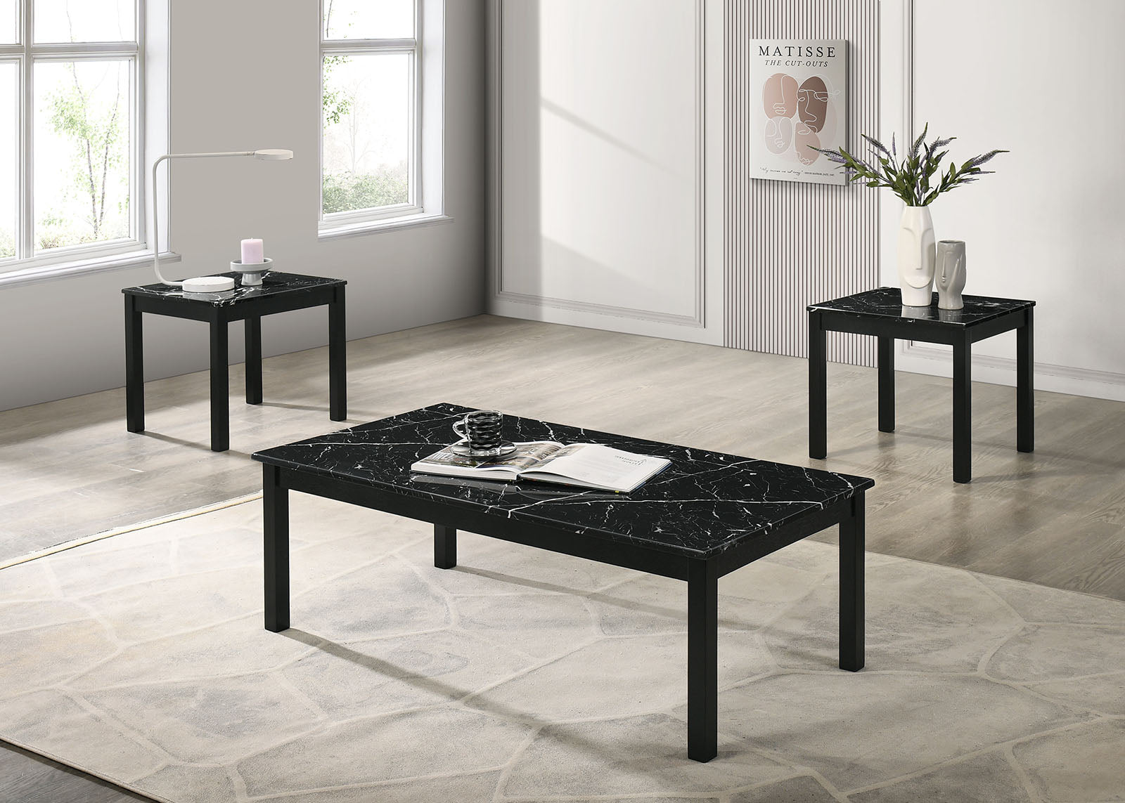Contemporary Style 3pc Table Set 1x Coffee Table 2x End Table Faux Marble Top Wooden Legs Black Finish Primary Living Room