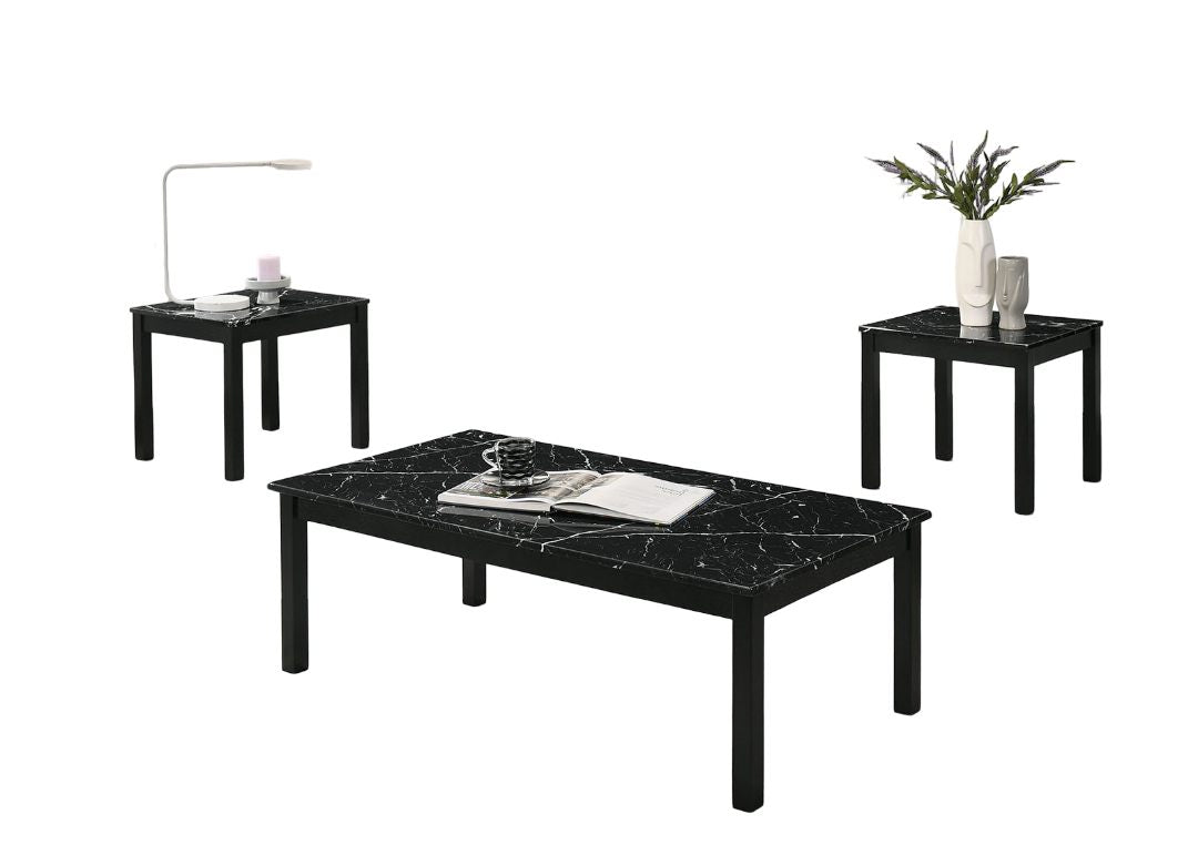 Contemporary Style 3pc Table Set 1x Coffee Table 2x End Table Faux Marble Top Wooden Legs Black Finish Primary Living Room