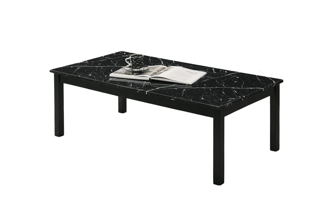 Contemporary Style 3pc Table Set 1x Coffee Table 2x End Table Faux Marble Top Wooden Legs Black Finish Primary Living Room