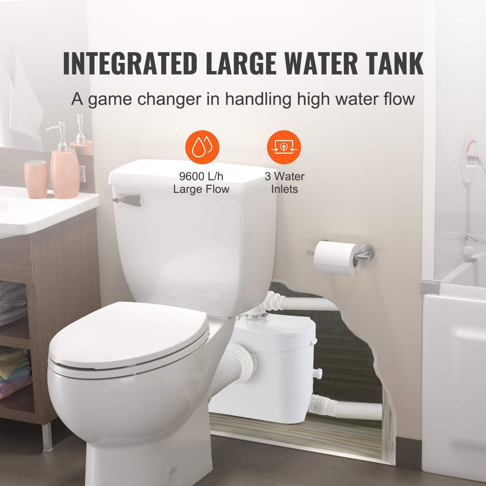 Macerator Pump, 700W, 9600 L/h Flow, 32.8 ft/10 m Head, Macerator Sewerage Sump Pump with 3 Water Inlets for Toilet, Basement, Kitchen, Sink, Shower, Bathtub Waste Water Disposal Upflush Machine