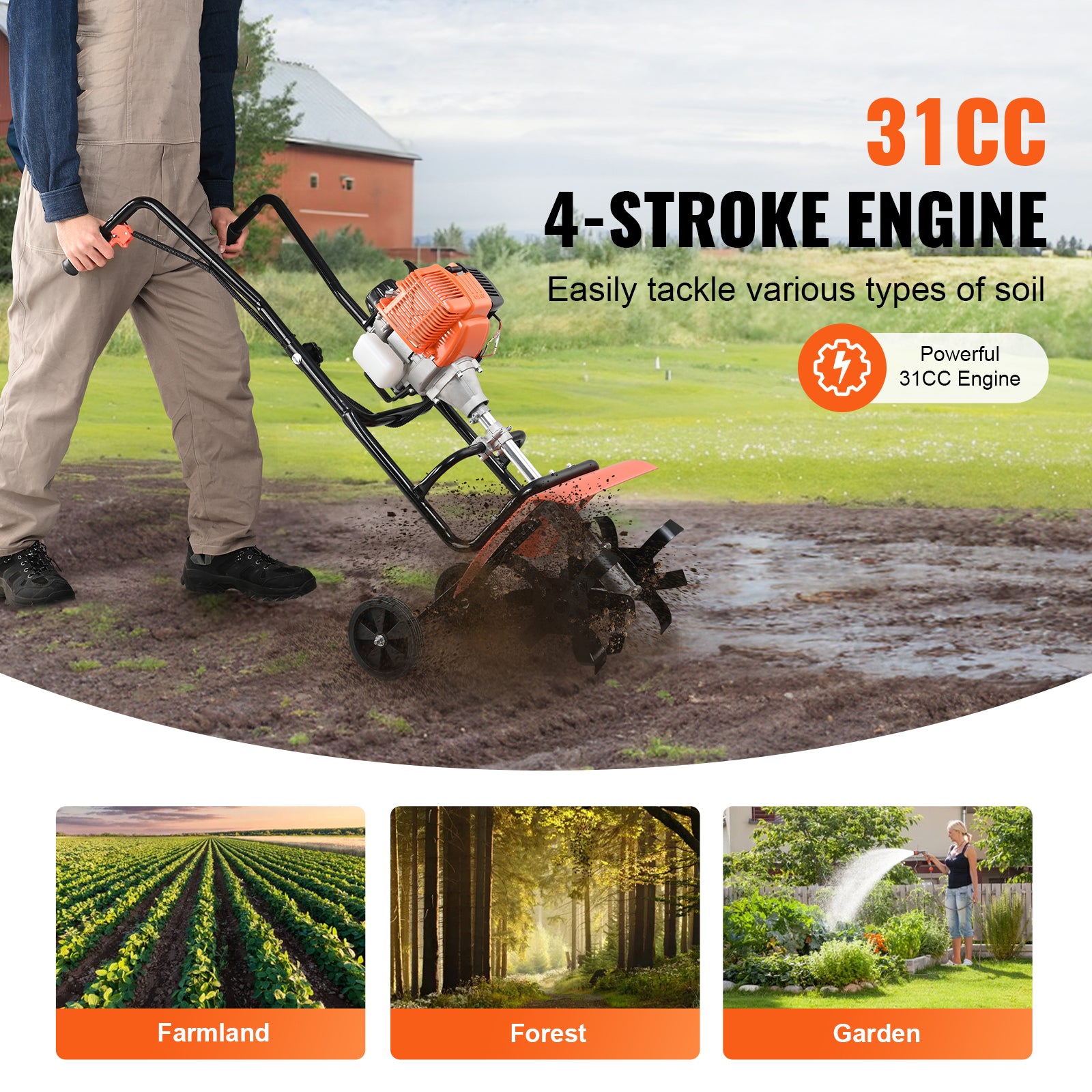 Tiller Cultivator, 31CC 4-Stroke Garden Cultivator, Tiller with 4 Steel Adjustable Front Tines for Lawn, Garden and Field Cultivation