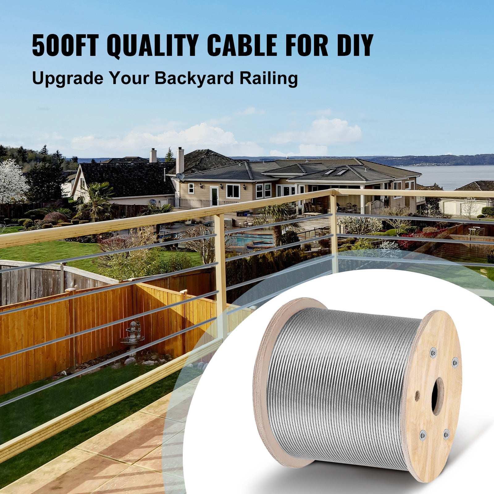 Stainless Steel Cable Railing 1/8"x 500ft, Wire Rope 316 Marine Grade, Braided Aircraft Cable 1x19 Strands Construction for Deck Rail Balusters Stair Handrail Porch Fence