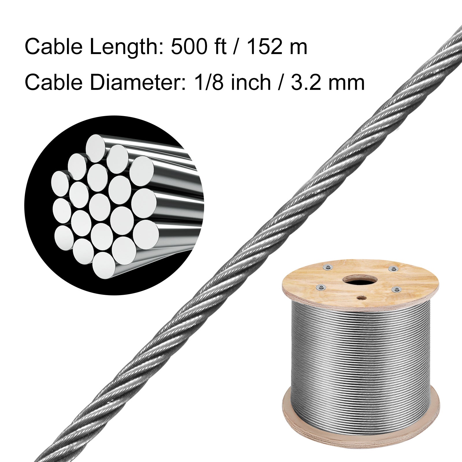 Stainless Steel Cable Railing 1/8"x 500ft, Wire Rope 316 Marine Grade, Braided Aircraft Cable 1x19 Strands Construction for Deck Rail Balusters Stair Handrail Porch Fence
