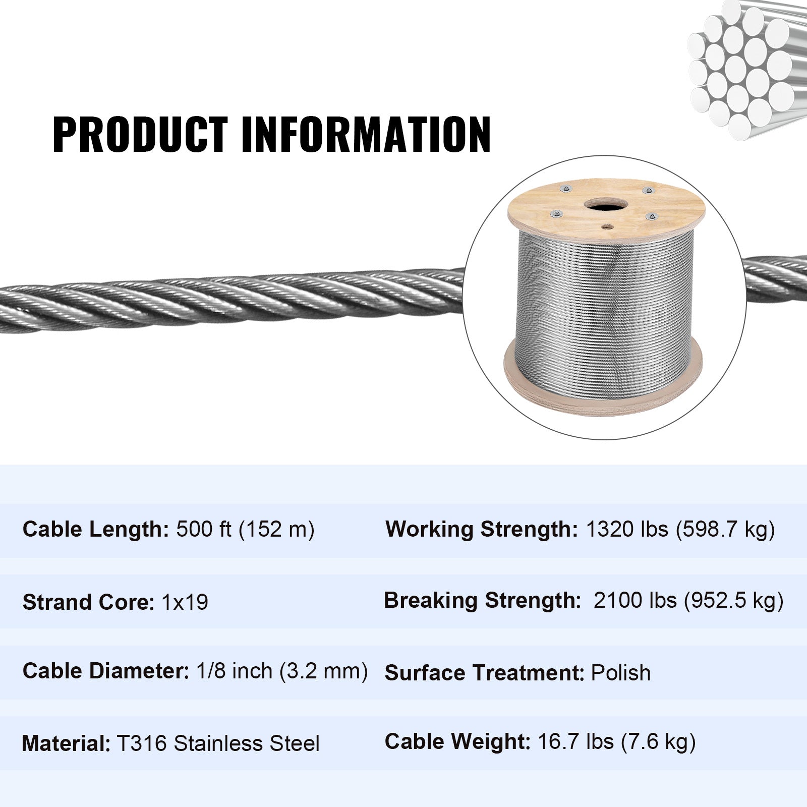 Stainless Steel Cable Railing 1/8"x 500ft, Wire Rope 316 Marine Grade, Braided Aircraft Cable 1x19 Strands Construction for Deck Rail Balusters Stair Handrail Porch Fence