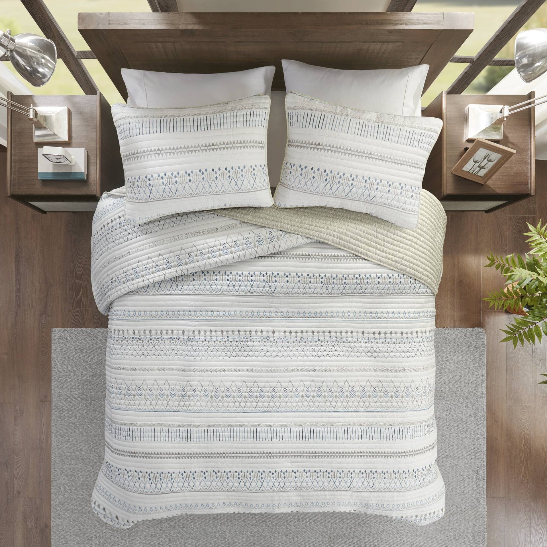 3 Piece Printed Microfiber Seersucker Quilt Set Taupe/Blue Full/Queen
