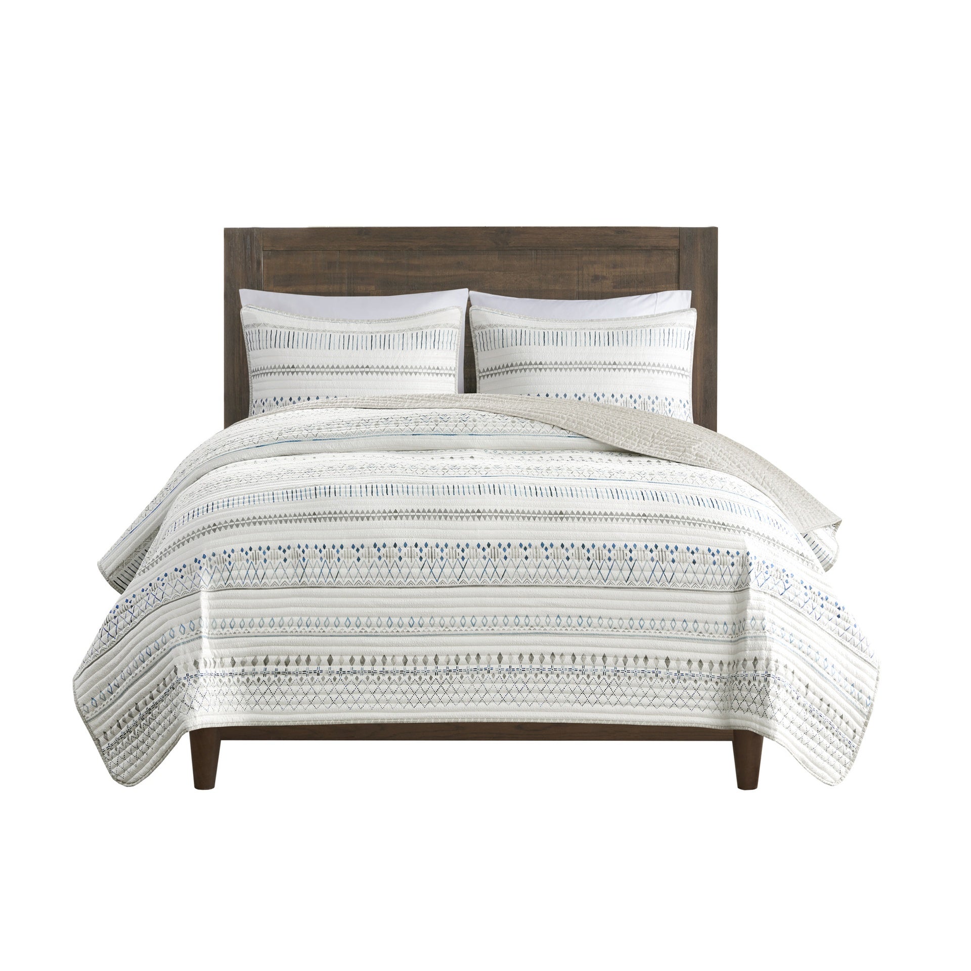 3 Piece Printed Microfiber Seersucker Quilt Set Taupe/Blue Full/Queen