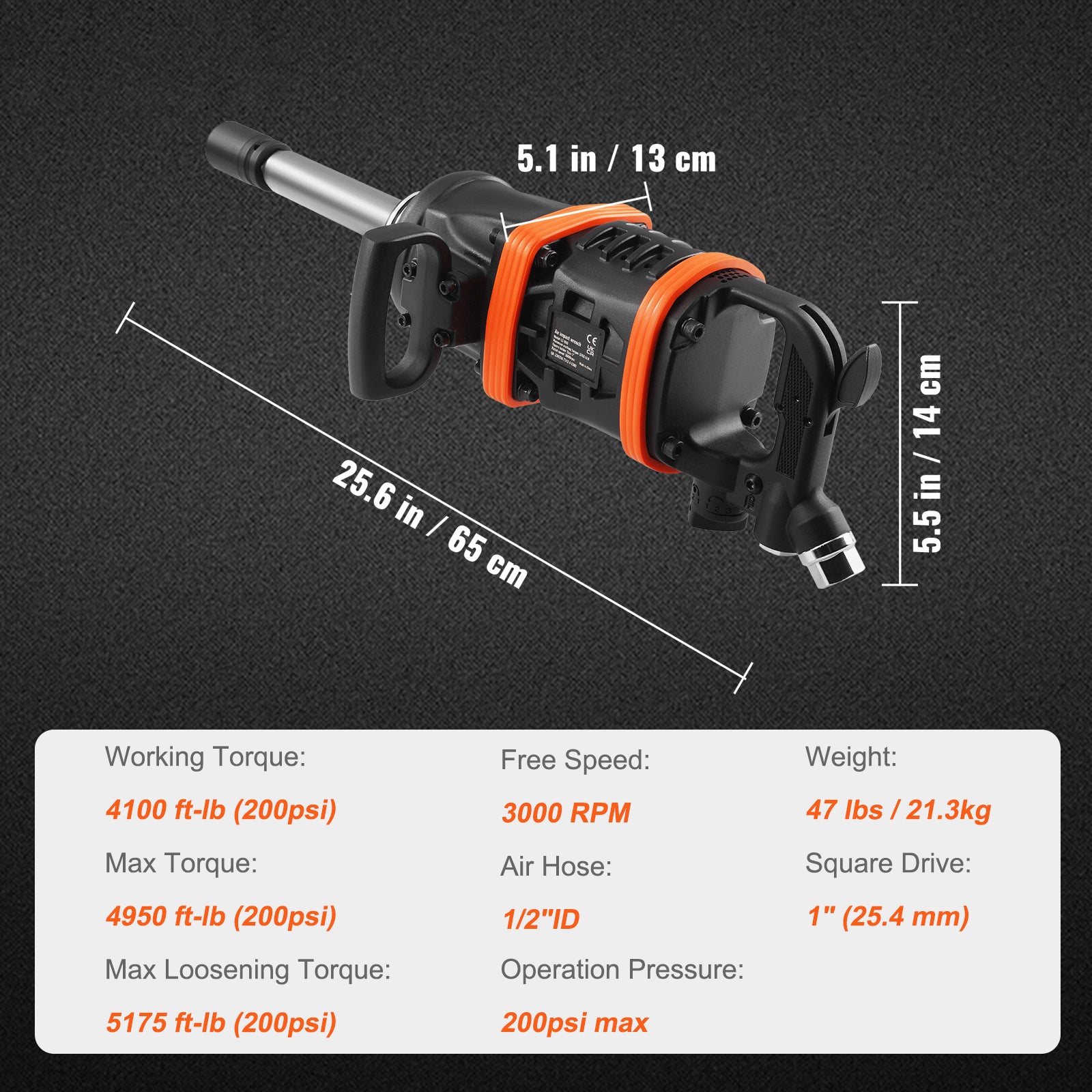 1 Inch Air Impact Wrench, Up to 5175 ft-lbs Beast Reverse Torque Output Pneumatic Impact Gun w/ 8 Inch Extended Anvil for Repairs and Maintenance of Heavy Duty Machinery / Semi-Truck / Bus