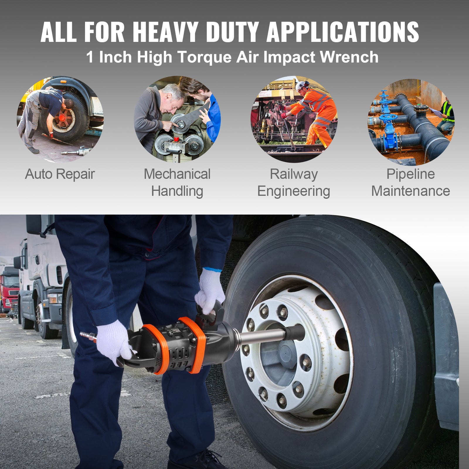 1 Inch Air Impact Wrench, Up to 5175 ft-lbs Beast Reverse Torque Output Pneumatic Impact Gun w/ 8 Inch Extended Anvil for Repairs and Maintenance of Heavy Duty Machinery / Semi-Truck / Bus