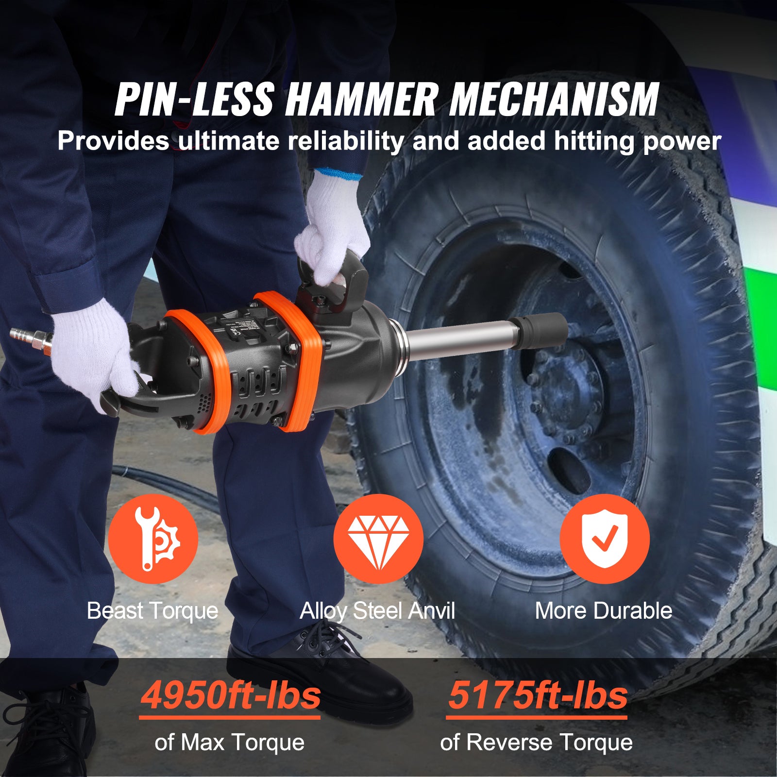 1 Inch Air Impact Wrench, Up to 5175 ft-lbs Beast Reverse Torque Output Pneumatic Impact Gun w/ 8 Inch Extended Anvil for Repairs and Maintenance of Heavy Duty Machinery / Semi-Truck / Bus