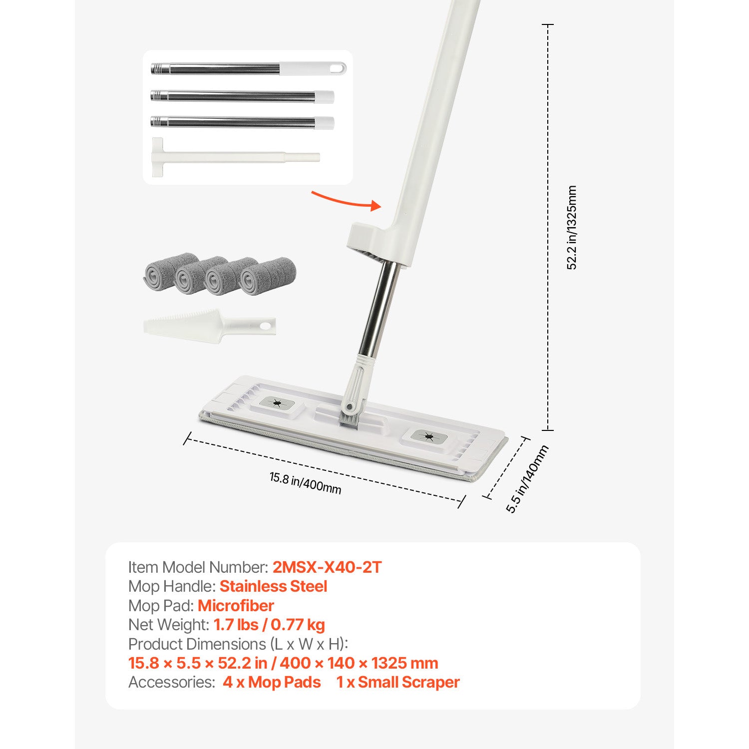Flat Mop, Self Wringing, Microfiber Floor Cleaner with 4 Reusable & Washable Pads for Dry & Wet Floor Cleaning, Microfiber Flat Mop with Stainless Steel Handle for Hardwood Laminate Tile Vinyl
