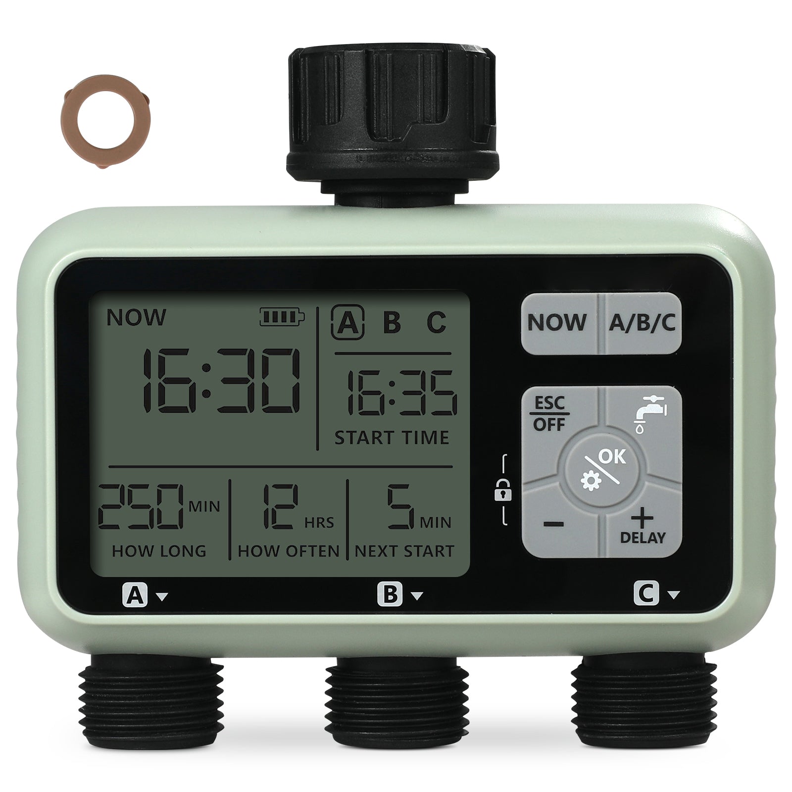 Water Timer, 3 Outlets, Hose Watering Sprinkler Timer, with 3 Independent Watering Zone LCD Display Rain Delay Mode Manual Mode 360° Brass Inlet Metal Filter, IPX6 Waterproof for Yard Watering