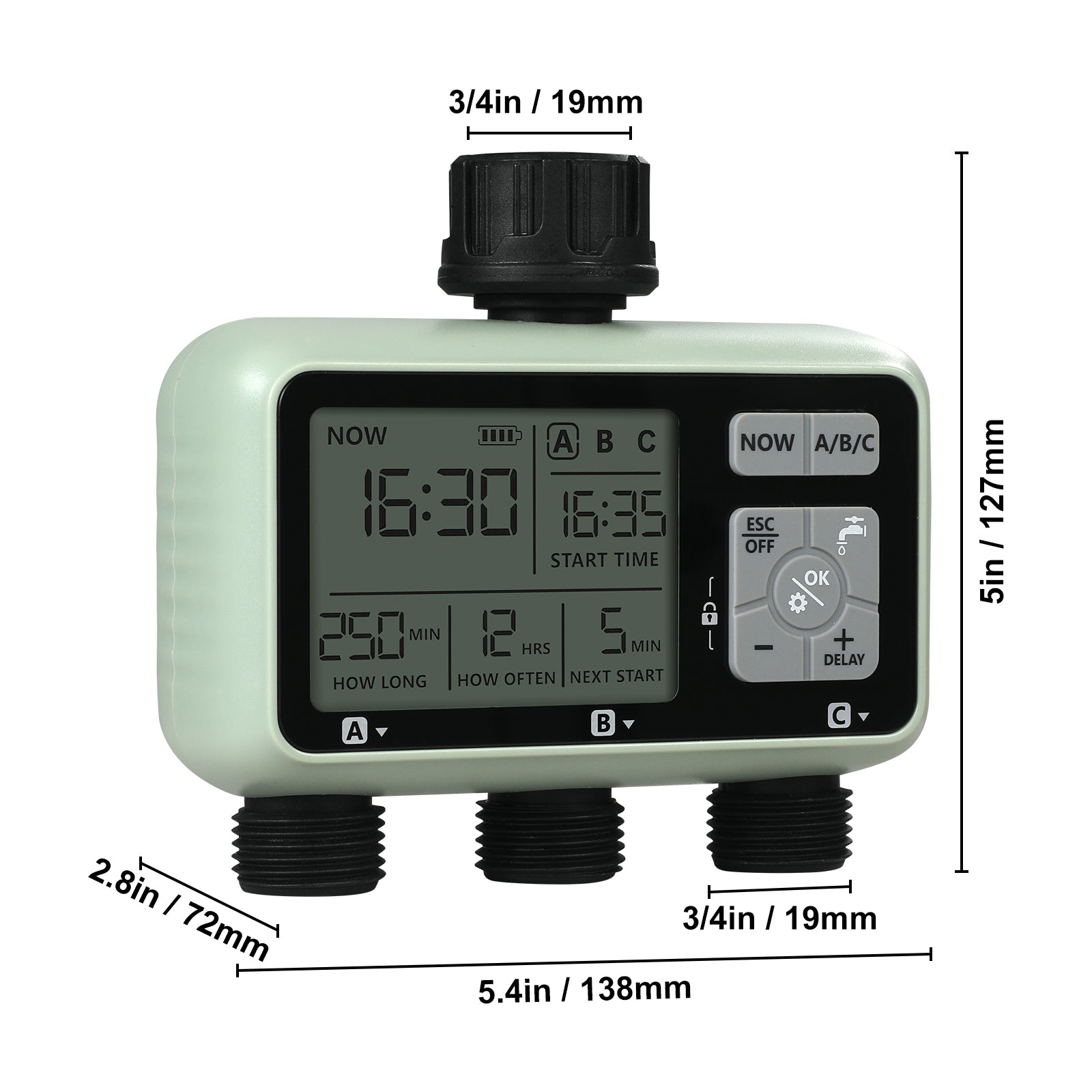 Water Timer, 3 Outlets, Hose Watering Sprinkler Timer, with 3 Independent Watering Zone LCD Display Rain Delay Mode Manual Mode 360° Brass Inlet Metal Filter, IPX6 Waterproof for Yard Watering
