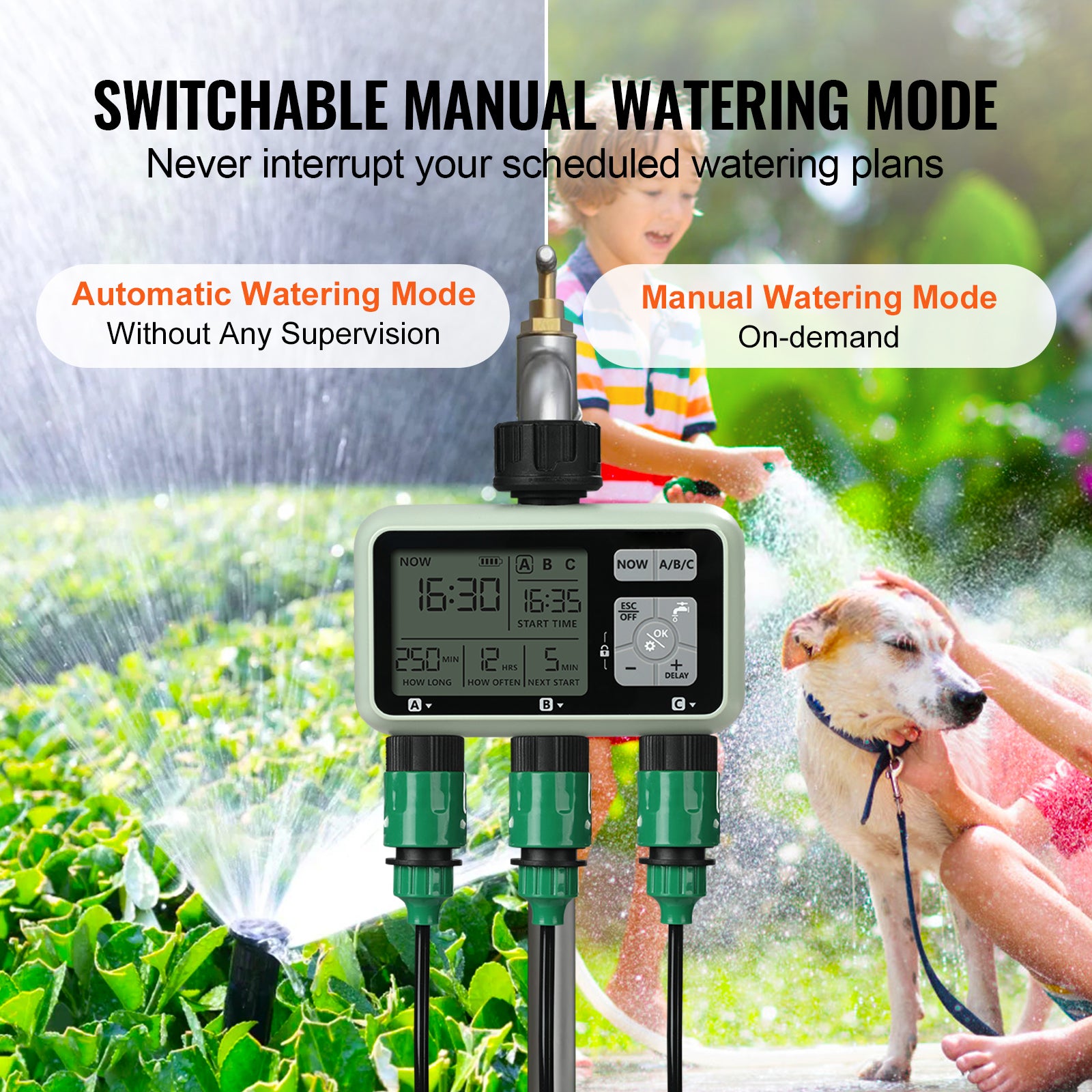 Water Timer, 3 Outlets, Hose Watering Sprinkler Timer, with 3 Independent Watering Zone LCD Display Rain Delay Mode Manual Mode 360° Brass Inlet Metal Filter, IPX6 Waterproof for Yard Watering