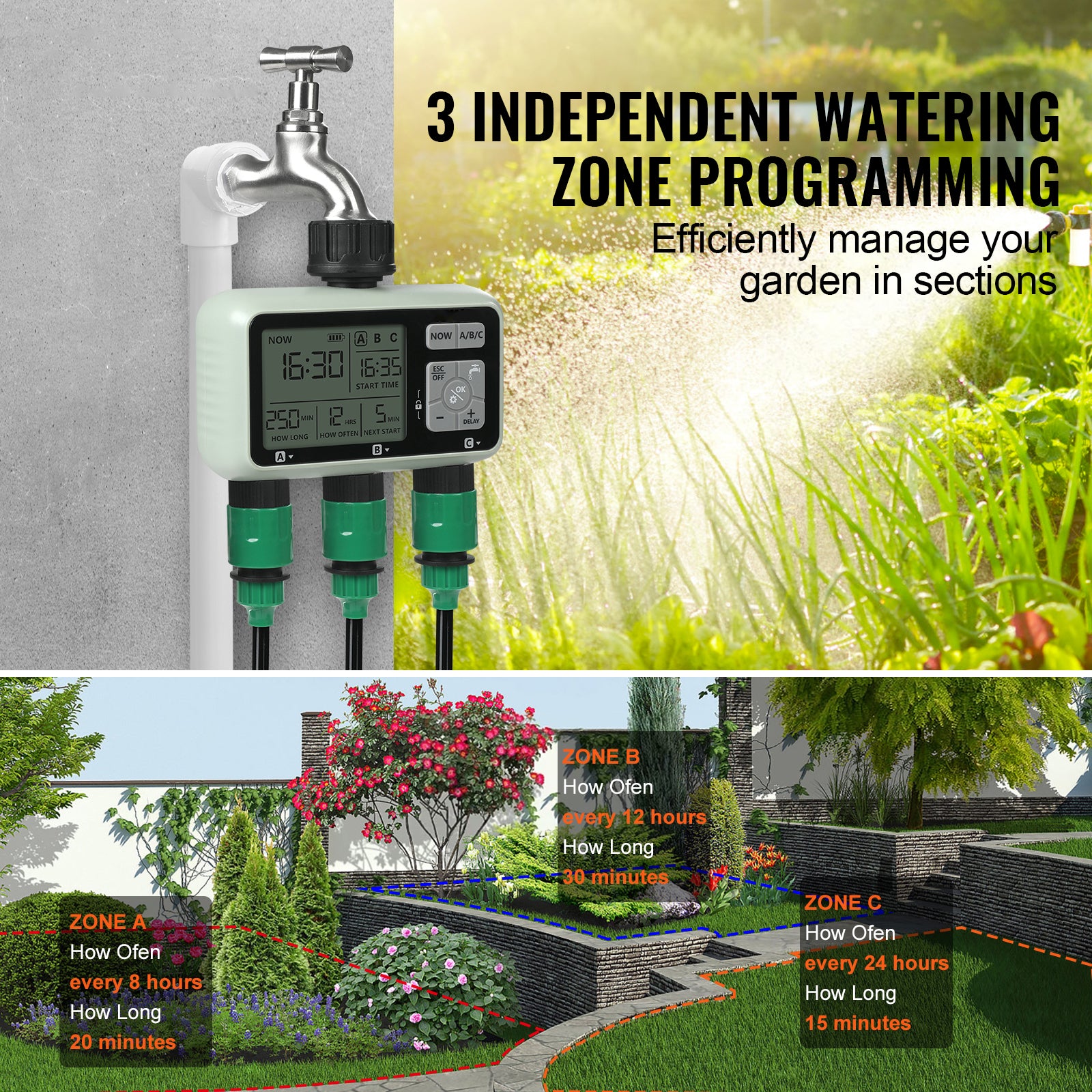 Water Timer, 3 Outlets, Hose Watering Sprinkler Timer, with 3 Independent Watering Zone LCD Display Rain Delay Mode Manual Mode 360° Brass Inlet Metal Filter, IPX6 Waterproof for Yard Watering