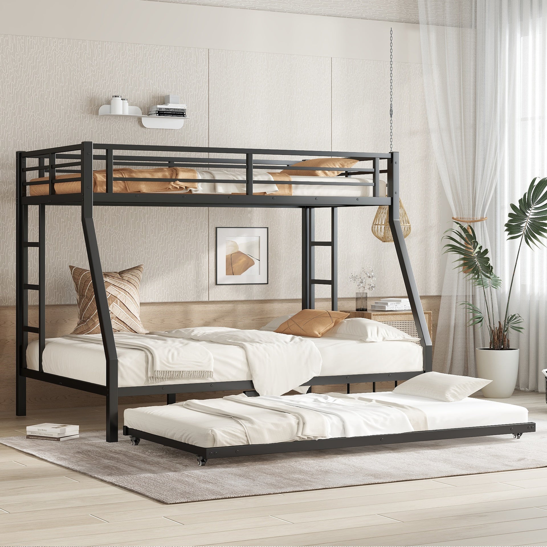 Twin over Full Metal Bunk Bed with Twin Size Trundle, Black