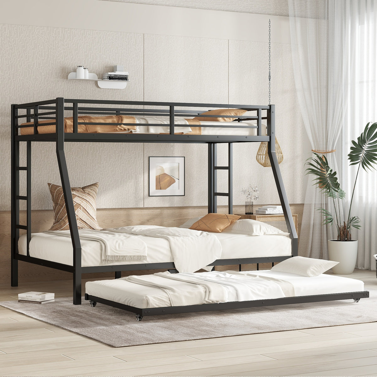 Twin over Full Metal Bunk Bed with Twin Size Trundle, Black