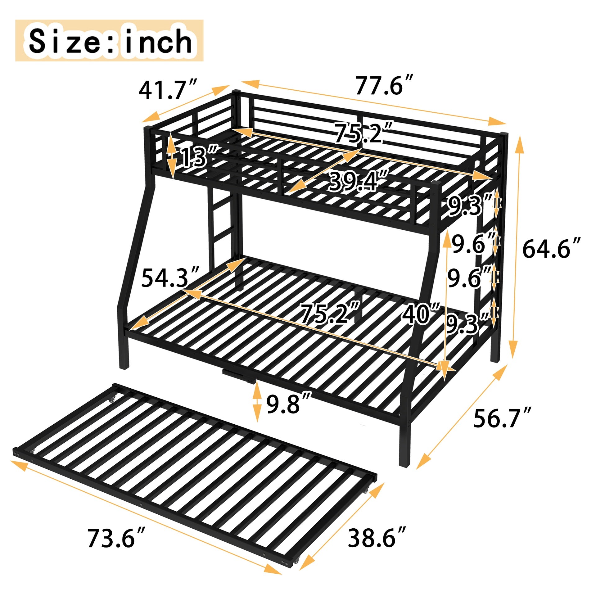 Twin over Full Metal Bunk Bed with Twin Size Trundle, Black
