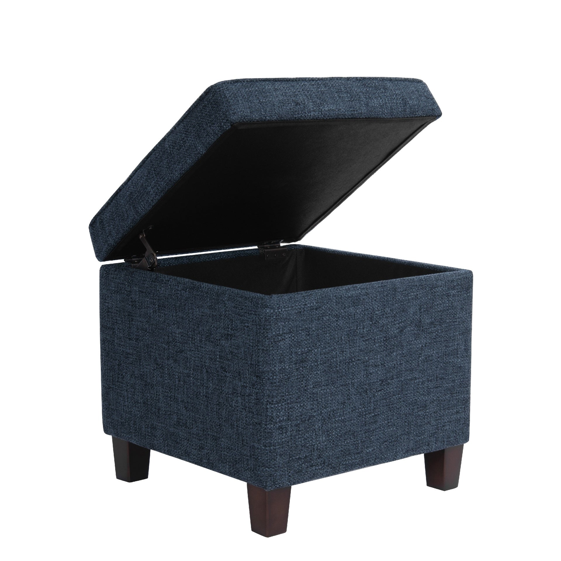 Hery Storage Ottoman, 18 Inch Square Tray Top, Navy Blue Woven Fabric