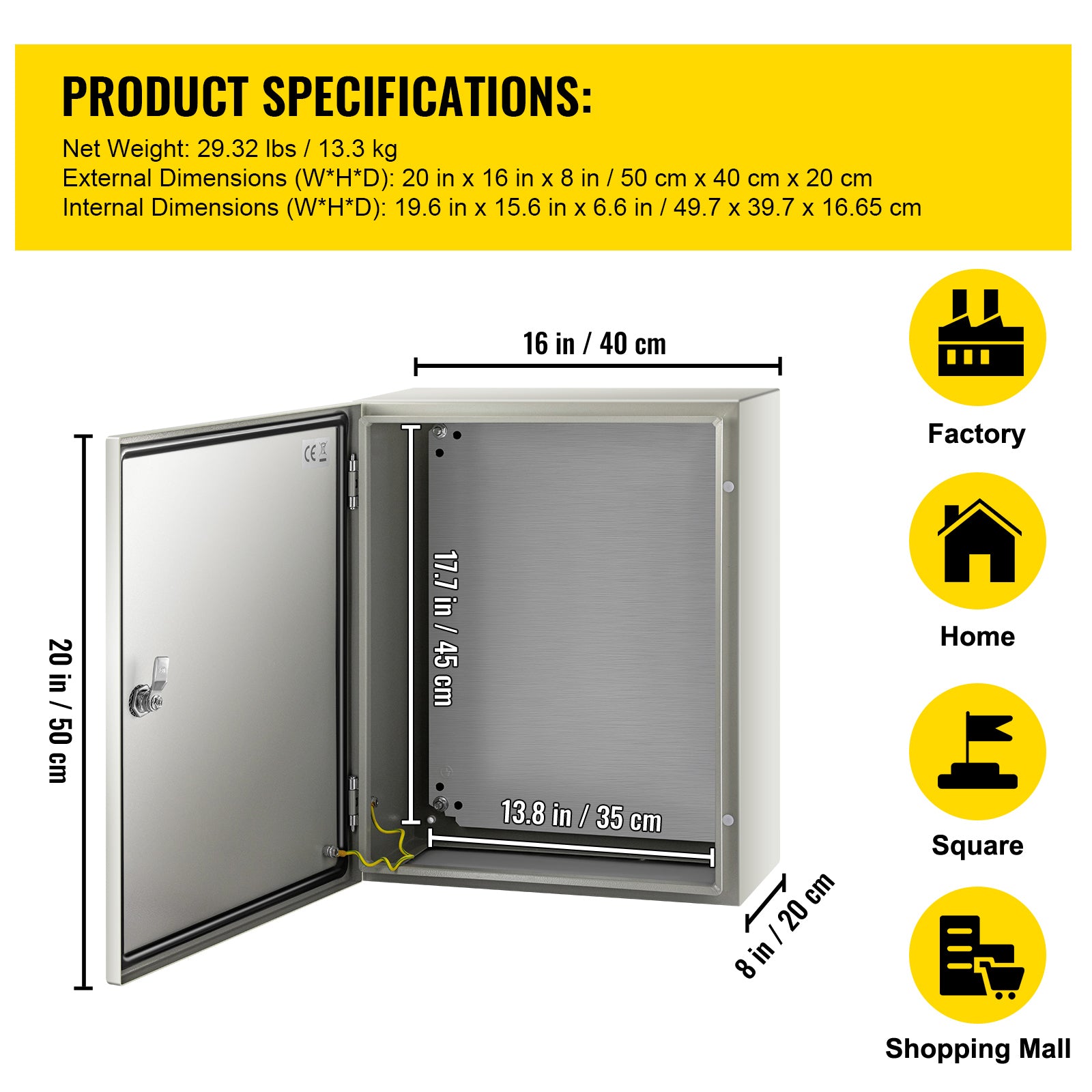 NEMA Steel Enclosure, 20 x 16 x 8'' NEMA 4X Steel Electrical Box, IP66 Waterproof & Dustproof, Outdoor/Indoor Electrical Junction Box, with Mounting Plate