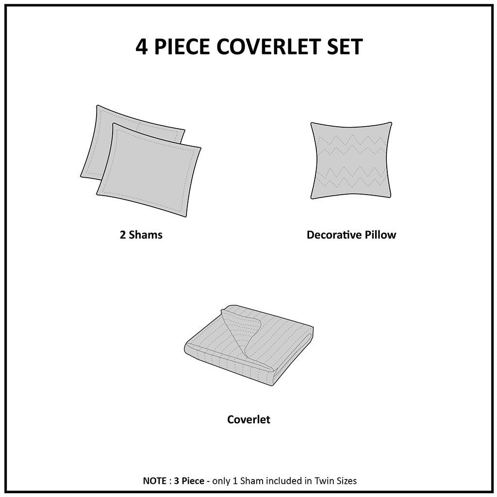 4 Piece Microfiber Reversible Ruffle Quilt Set with Throw Pillow White King/Cal King