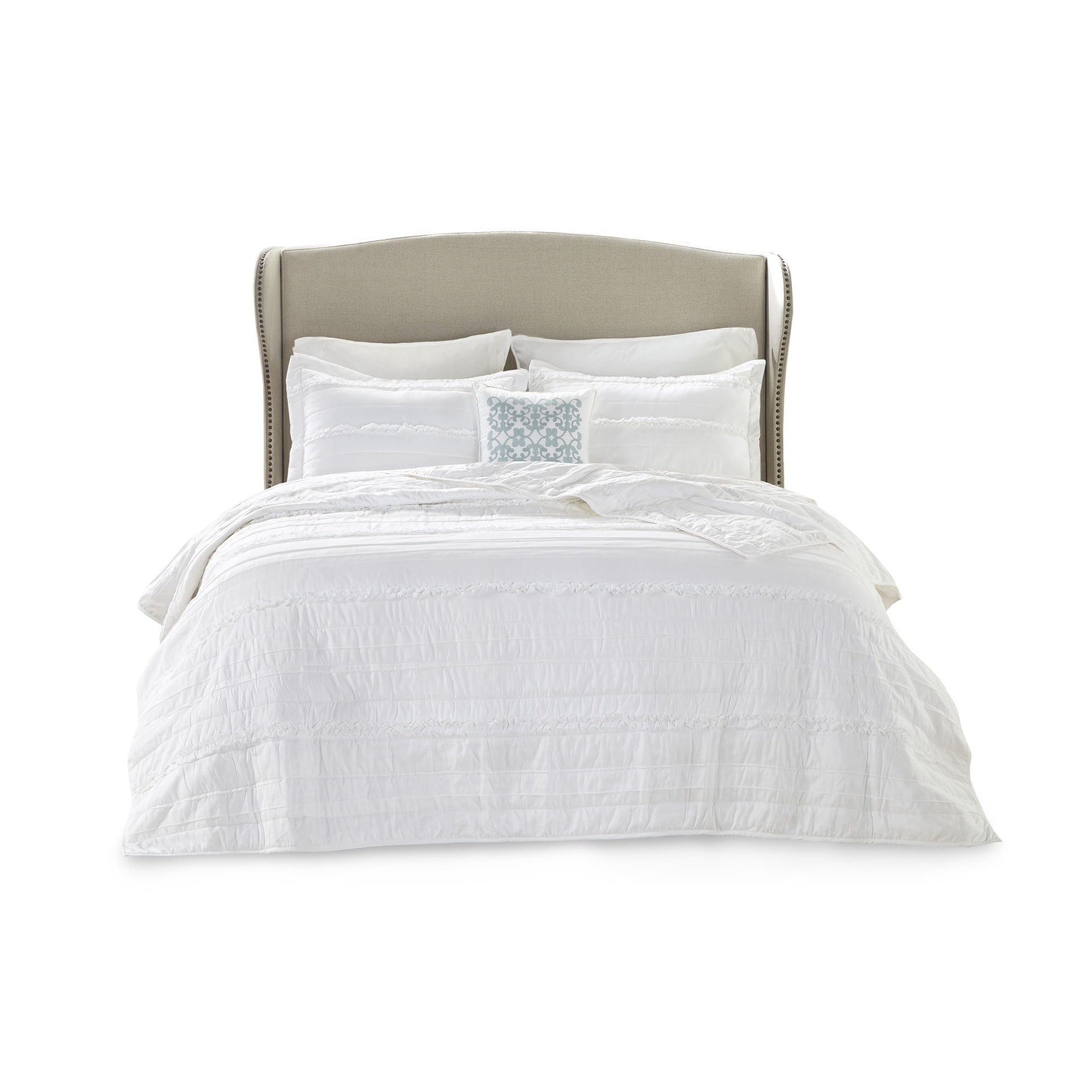 4 Piece Microfiber Reversible Ruffle Quilt Set with Throw Pillow White King/Cal King