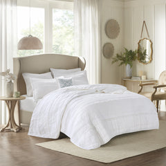 4 Piece Microfiber Reversible Ruffle Quilt Set with Throw Pillow White King/Cal King