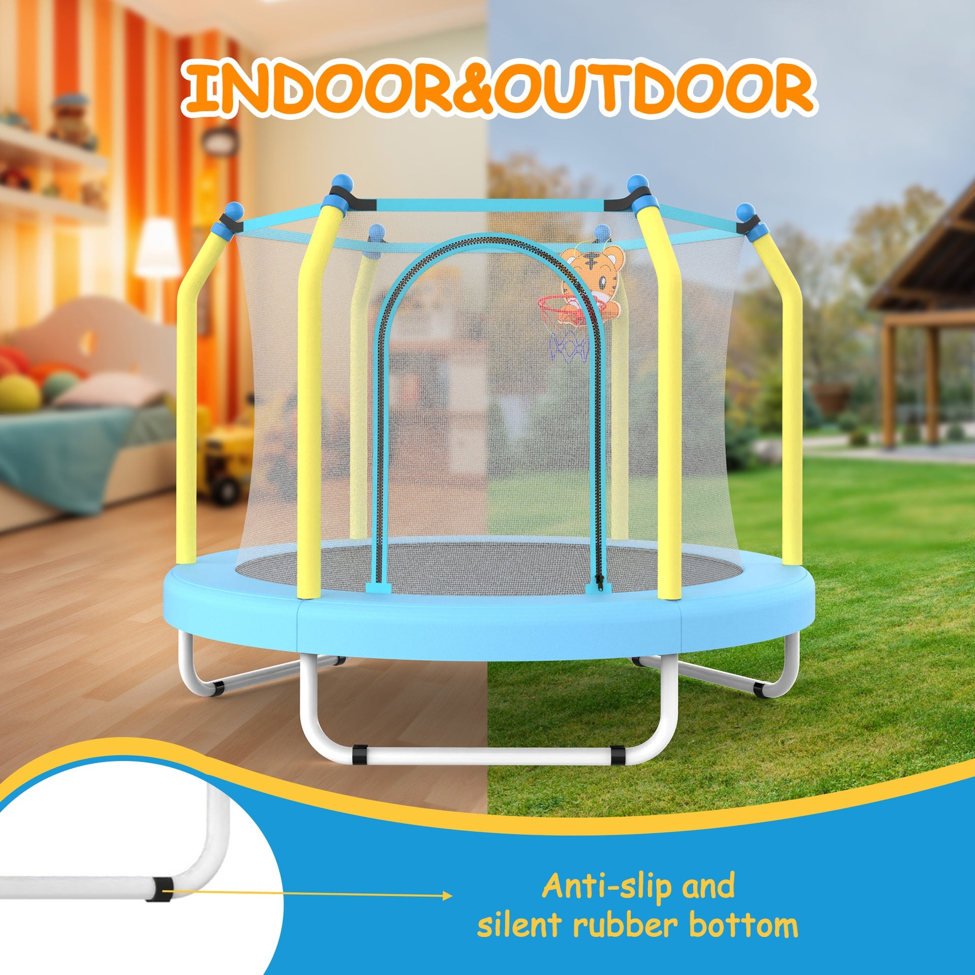 55-inch Trampoline for Kids Indoor & Outdoor Small Toddler Trampoline with Basketball Hoop