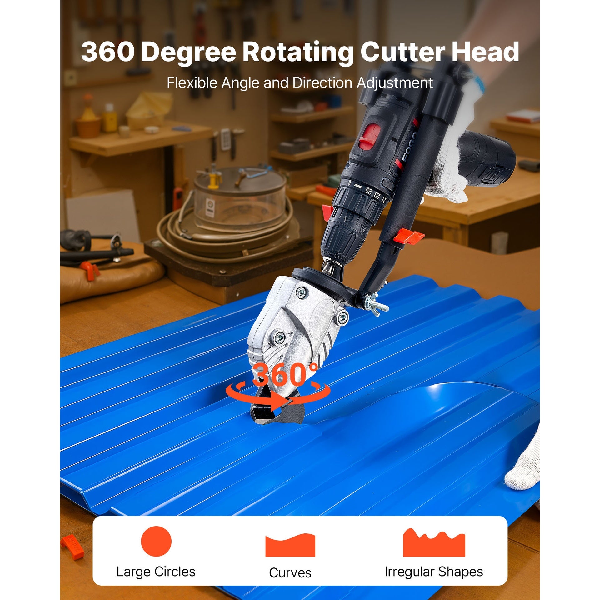 Metal Shear/Cutter Drill Attachment, Sheet Metal Cutter with 360-Degree Pivoting Head, Sharp Blades,Ideal for 18 GA Galvanized Steel, 20 GA Stainless Steel, Aluminum Plate, Plastic, Cardboard
