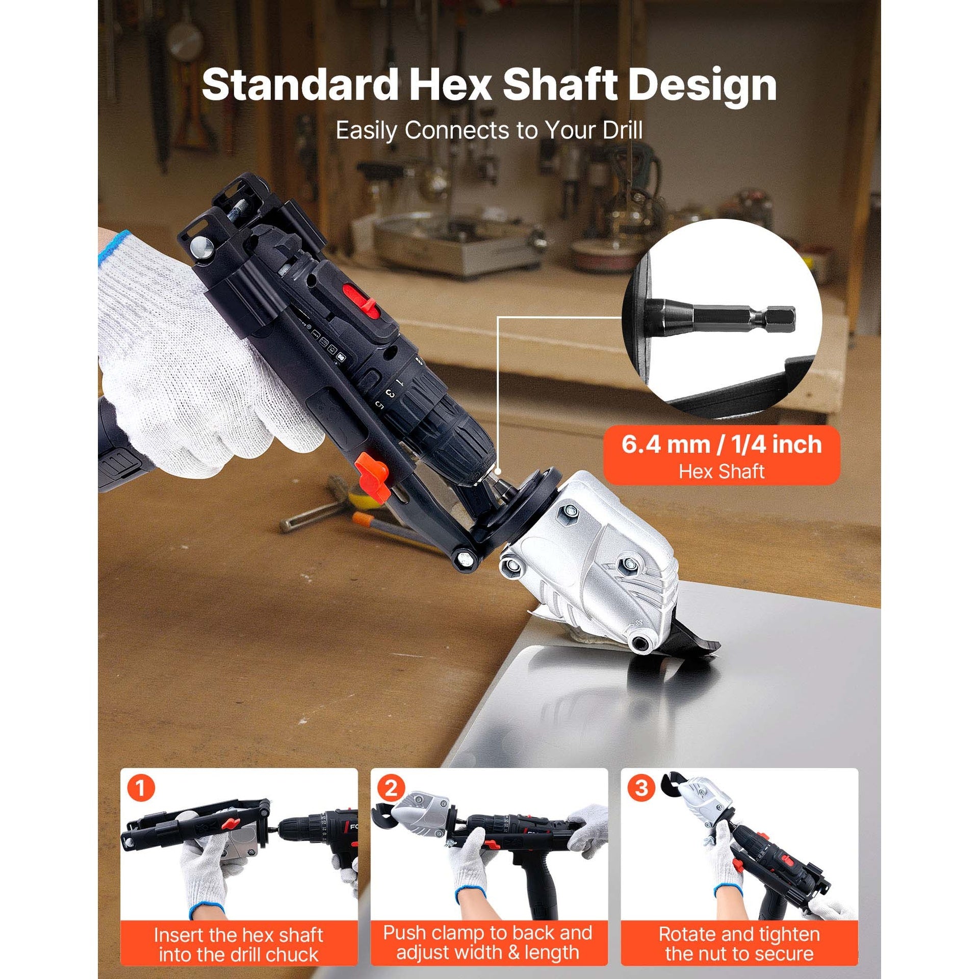 Metal Shear/Cutter Drill Attachment, Sheet Metal Cutter with 360-Degree Pivoting Head, Sharp Blades,Ideal for 18 GA Galvanized Steel, 20 GA Stainless Steel, Aluminum Plate, Plastic, Cardboard