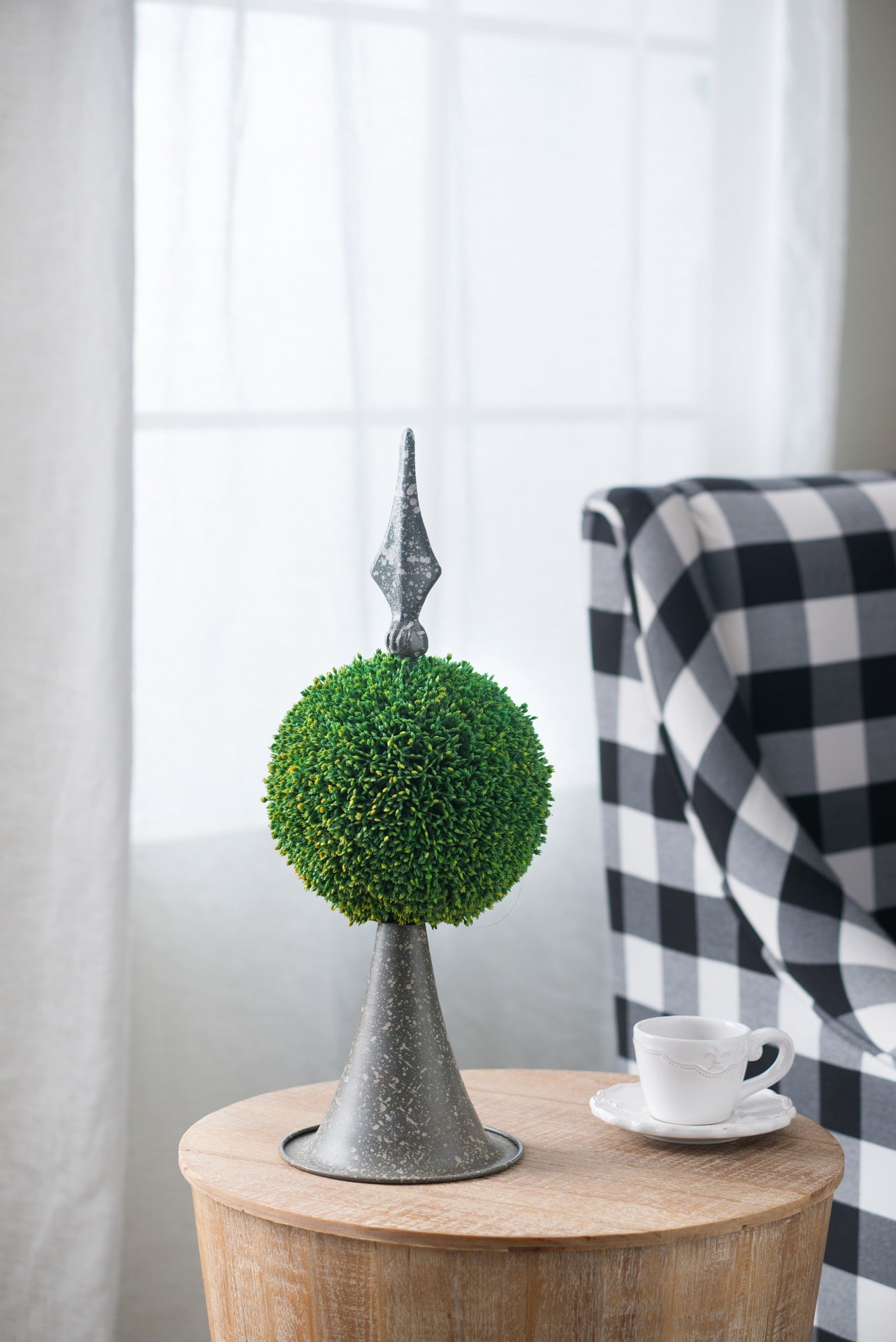 7x7x17" Faux Boxwood Topiary Sphere on Metal Spire