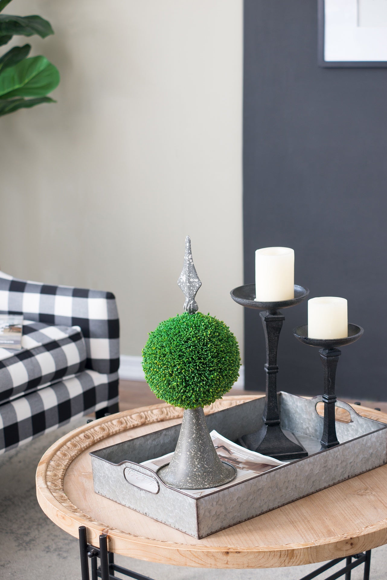 7x7x17" Faux Boxwood Topiary Sphere on Metal Spire