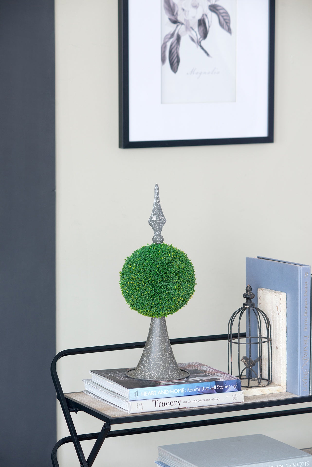 7x7x17" Faux Boxwood Topiary Sphere on Metal Spire