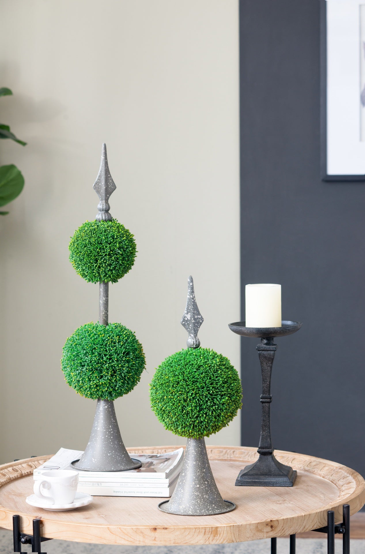 7x7x17" Faux Boxwood Topiary Sphere on Metal Spire