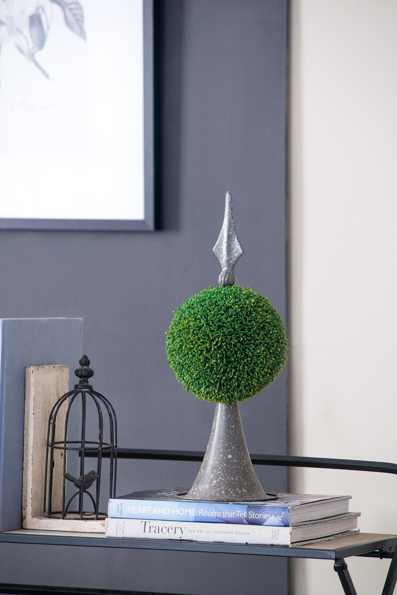 7x7x17" Faux Boxwood Topiary Sphere on Metal Spire