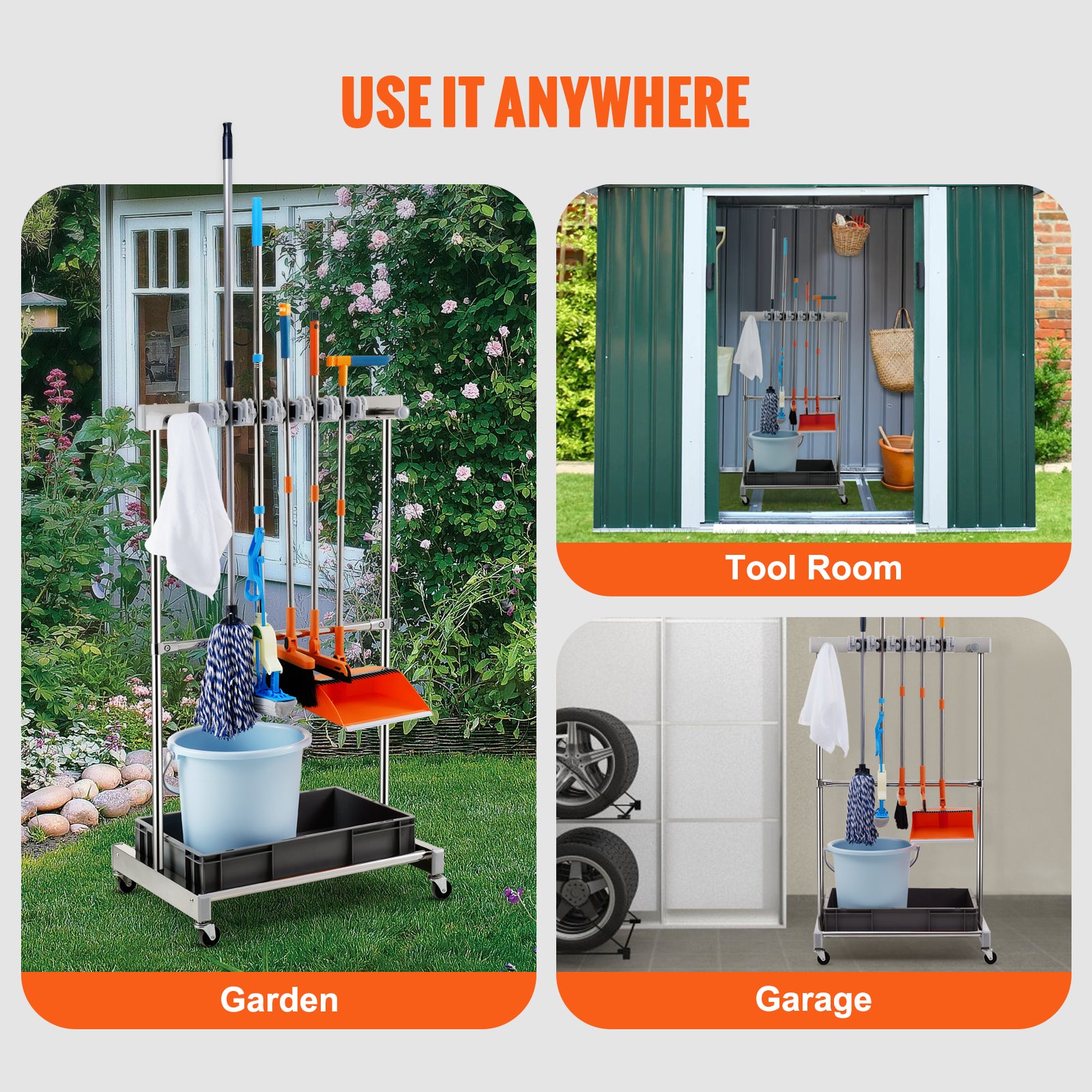 Garden Tool Organizer, 10 Slots with Hooks, Yard Tool Tower Rack with Wheels for Garage Organization and Storage, Hold Long-Handled Tool/Rake/Broom, Metal Tool Stand Holder for Shed, Outdoor
